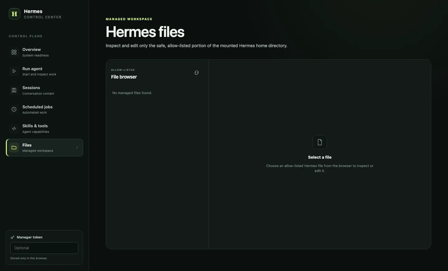 Hermes Control Center managed file browser with an empty allow listed workspace