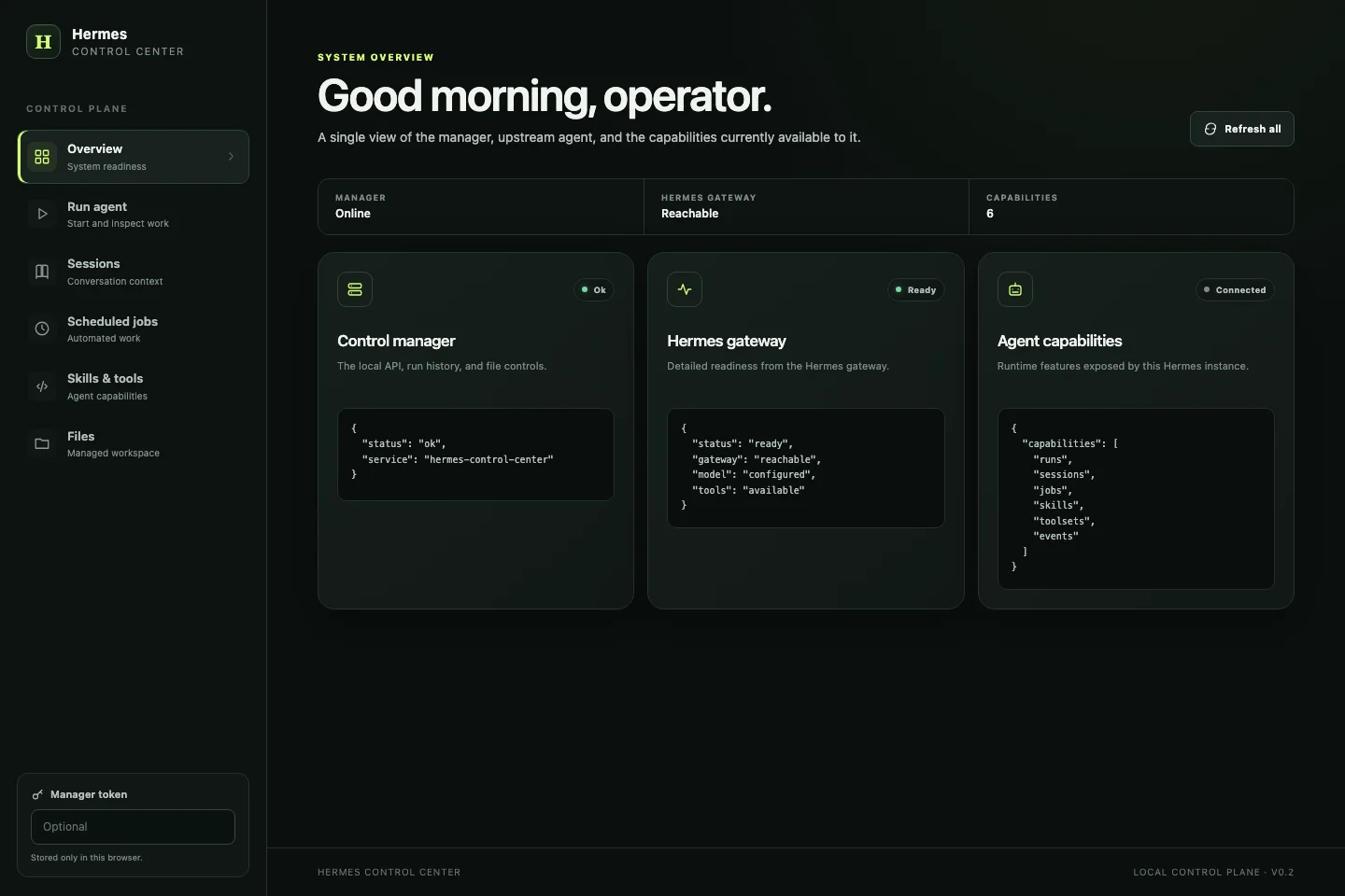 Hermes Control Center overview showing manager, gateway and capability health