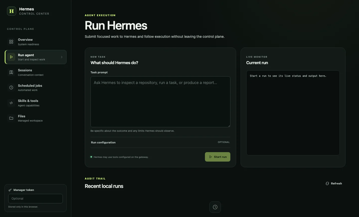 Hermes Control Center run form beside the live run monitor