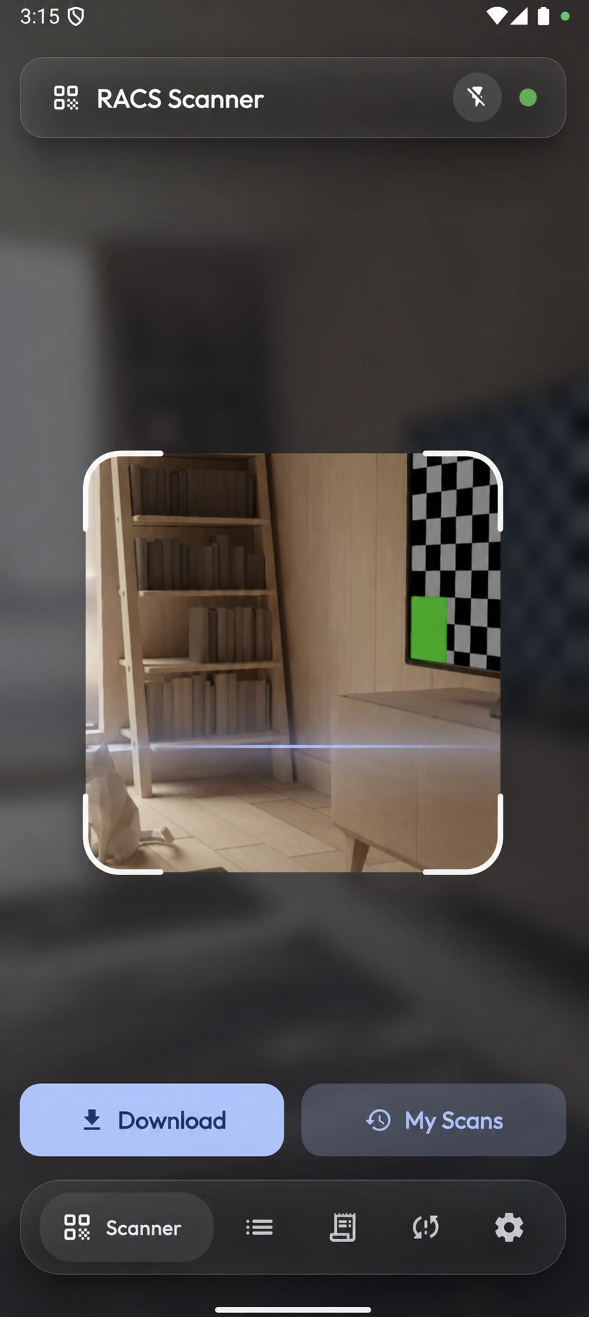 RACS Scanner app showing the live camera reader, scan frame and operator controls